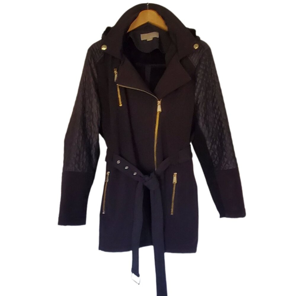 Michael Kors Black Quilted Sleeve Belted Coat with Gold Hardware